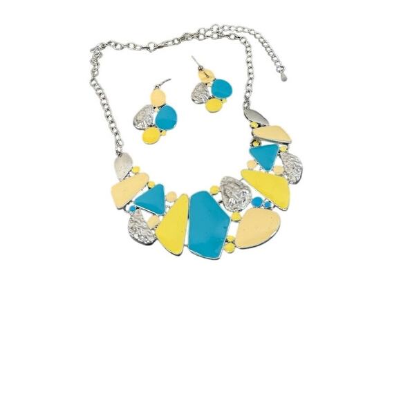 Matching Necklace Earrings Set Turquoise Yellow Stone Statement Silver Closure - Picture 2 of 9